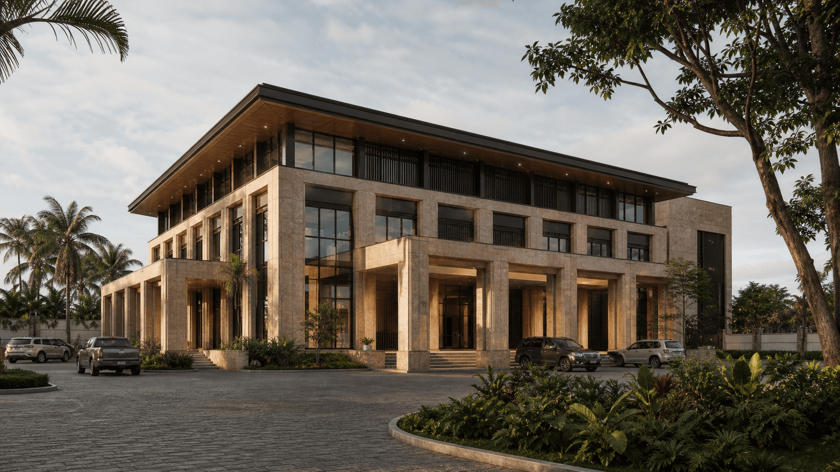 Illustrative concept for a contemporary corporate headquarters in a tropical setting.