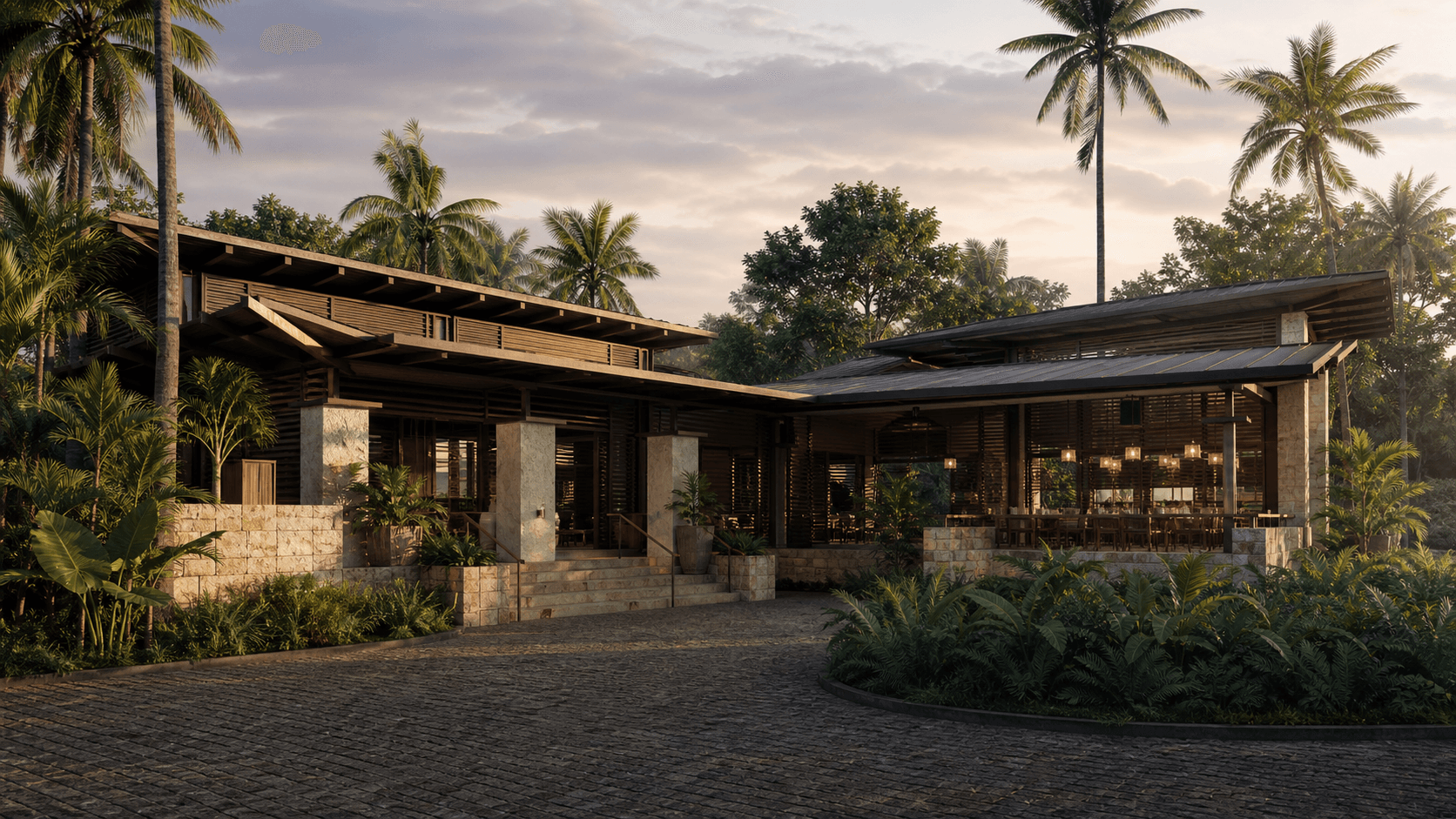 Illustrative concept for a low-rise tropical hospitality and leisure building.