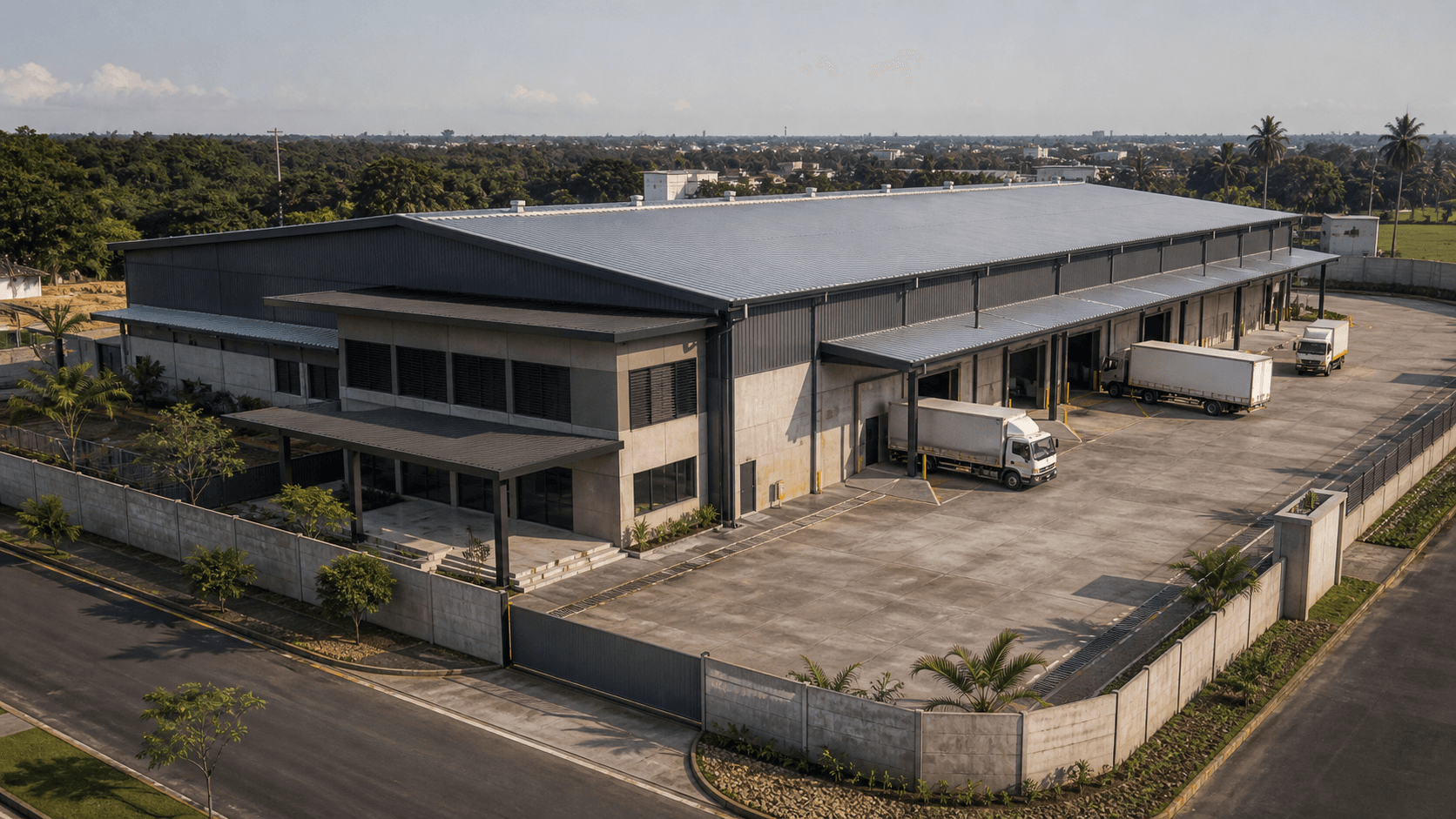 Illustrative concept for a tropical industrial and logistics building.