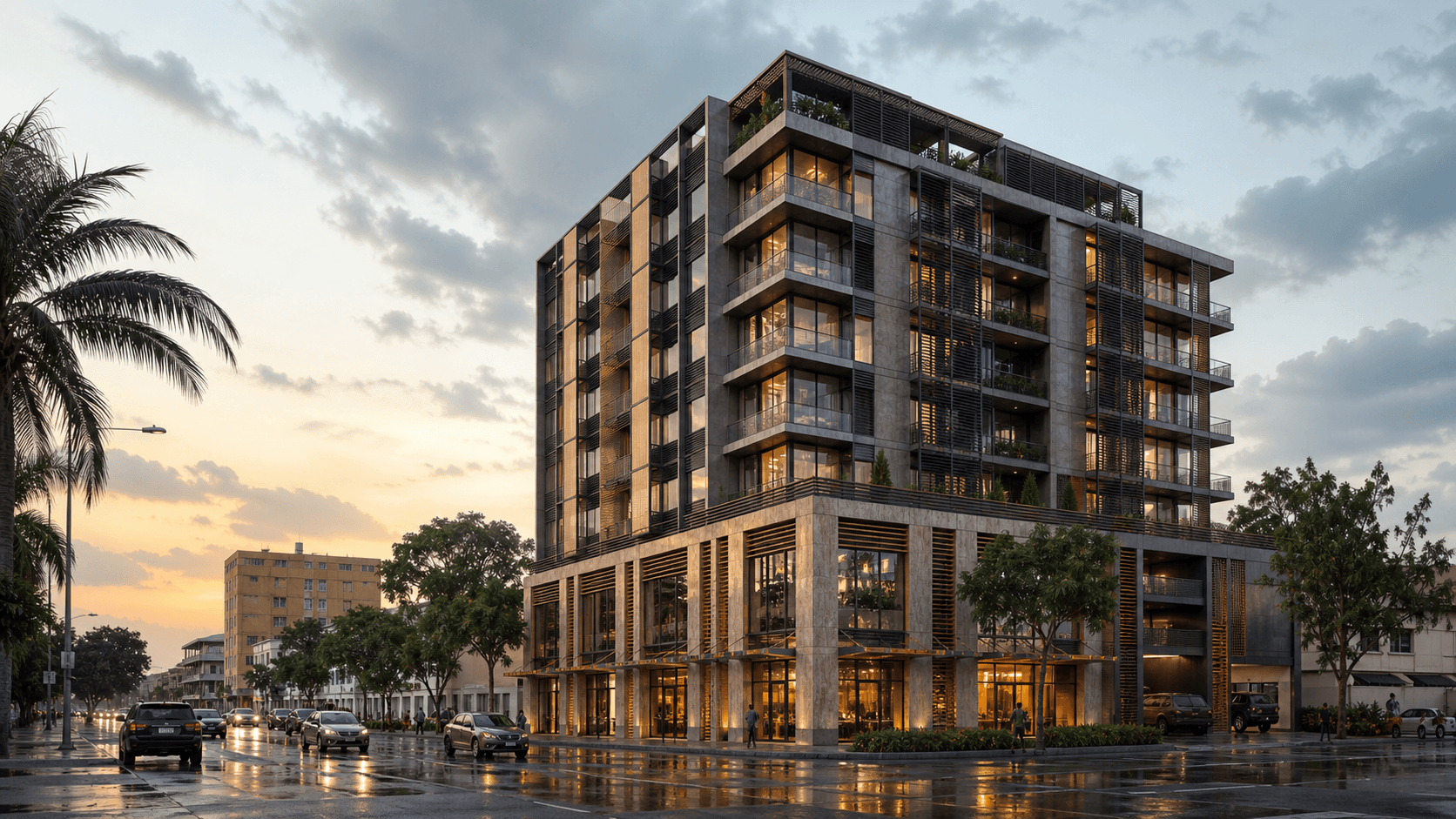 Illustrative concept for a contemporary mixed-use building in a tropical urban setting.